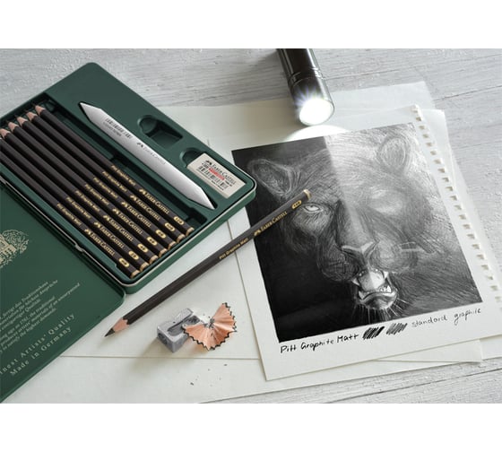 Набор чернографитных карандашей Faber-Castell матовых pitt graphite matt hb, 2b, 4b, 6b, 8b, 10b, 12b, 14b, заточенные, ластик, металлическая точилка, растушевка, металлическая коробка 11522