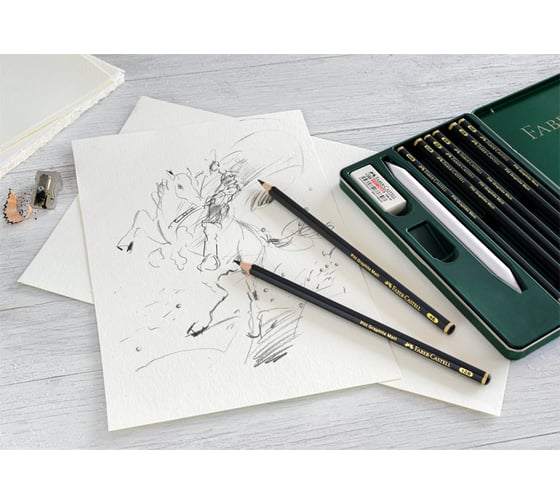 Набор чернографитных карандашей Faber-Castell матовых pitt graphite matt hb, 2b, 4b, 6b, 8b, 10b, 12b, 14b, заточенные, ластик, металлическая точилка, растушевка, металлическая коробка 11522
