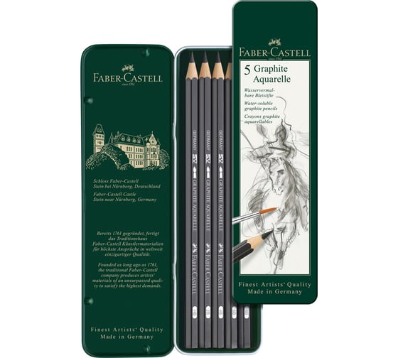 Набор чернографитных карандашей Faber-Castell акварельные graphite aquarelle, 5 шт, hb-8b, заточенные, металлический короб 117805