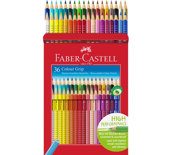 Цветные карандаши Faber-Castell grip, 36 цветов, трехгранные, заточенные, картонная коробка, европодвес 112442