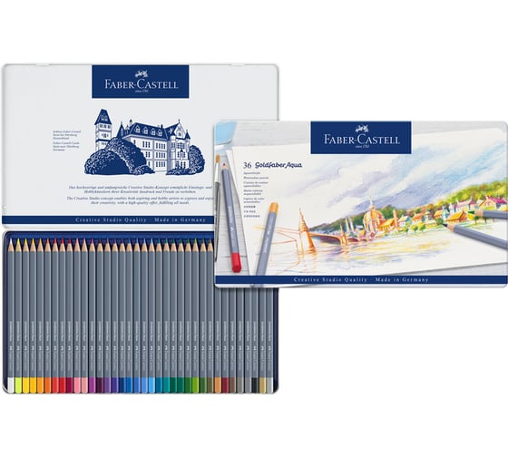 Художественные акварельные карандаши Faber-Castell goldfaber aqua, 36 цветов, металлическая коробка 114636