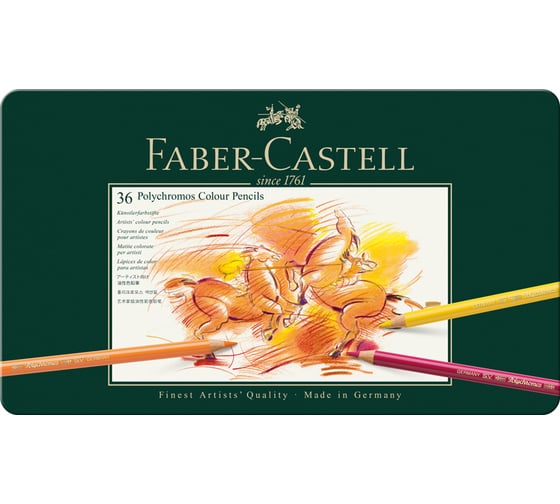 Цветные карандаши Faber-Castell художественные polychromos, 36 цветов, заточенные, металлическая коробка 110036