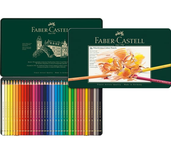 Цветные карандаши Faber-Castell художественные polychromos, 36 цветов, заточенные, металлическая коробка 110036