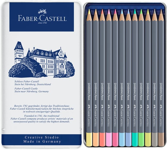 Художественные акварельные карандаши Faber-Castell goldfaber aqua, 12 пастельных цветов, металлическая коробка 114622