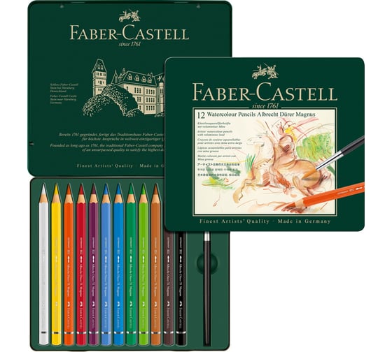 Художественные акварельные карандаши Faber-Castell albrecht dürer magnus, 12 цветов, утолщенный, заточенный, металлическая коробка 116912