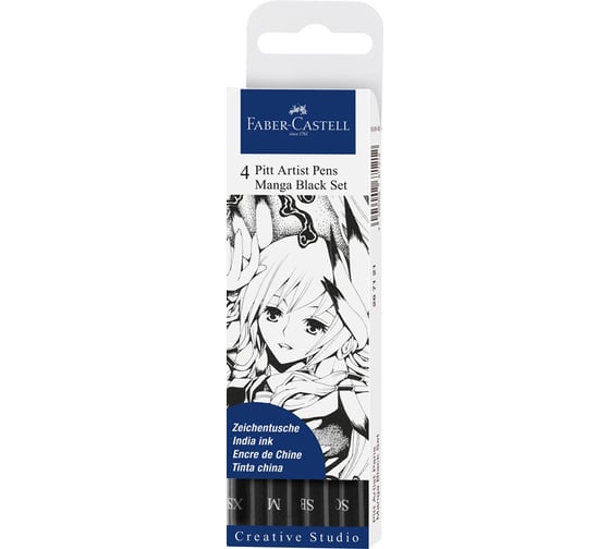 Набор капиллярных ручек Faber-Castell pitt artist pens manga black set, черный, 4 шт, 0,1/0.7 мм/soft brush/soft calligraphy, европодвес 267121