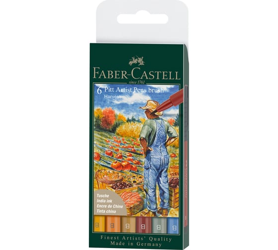 Набор капиллярных ручек Faber-Castell pitt artist pen brush harvest, 6 шт, пластиковая упаковка, европодвес 167179