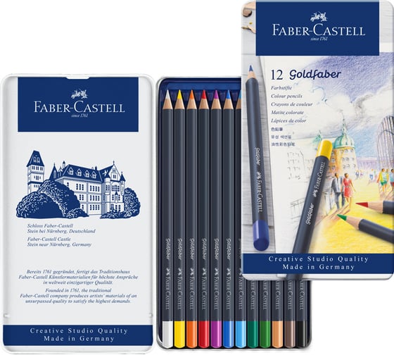 Цветные карандаши Faber-Castell goldfaber, 12 цветов, круглые, заточенные, металлическая коробка 114712
