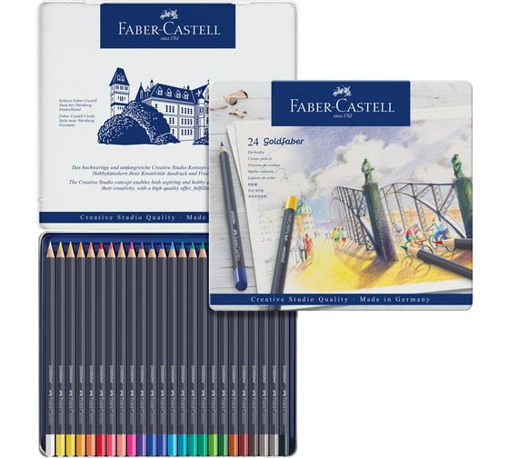 Цветные карандаши Faber-Castell goldfaber, 24 цвета, круглые, заточенные, металлическая коробка 114724