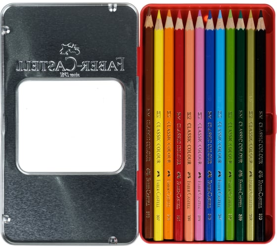 Цветные карандаши Faber-Castell замок, 12 цветов, шестигранные, заточенные, металлическая коробка 115801