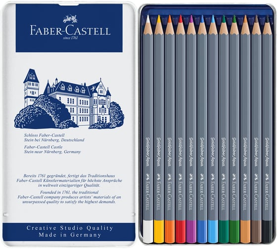 Художественные акварельные карандаши Faber-Castell goldfaber aqua, 12 цветов, металлическая коробка 114612