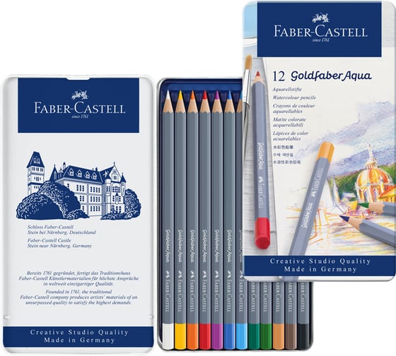 Художественные акварельные карандаши Faber-Castell goldfaber aqua, 12 цветов, металлическая коробка 114612