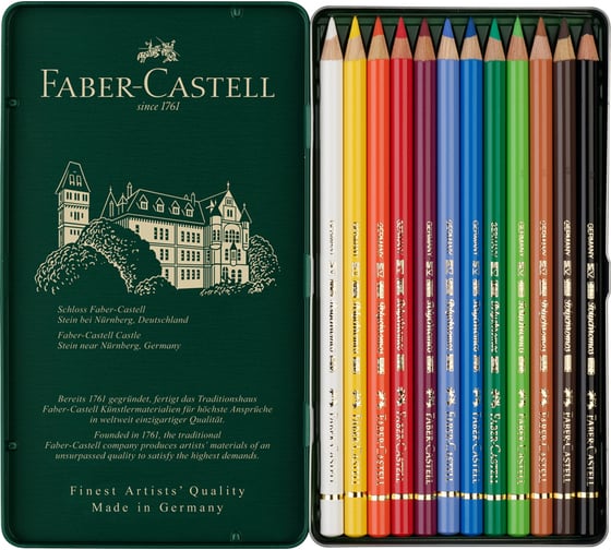 Цветные карандаши Faber-Castell художественные polychromos, 12 цветов, заточенные, металлическая коробка 110012