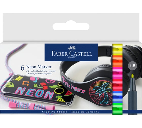 Набор маркеров для декорирования Faber-Castell neon 6 цветов, пулевидный наконечник, 1,5 мм, картон, европодвес 160806 1