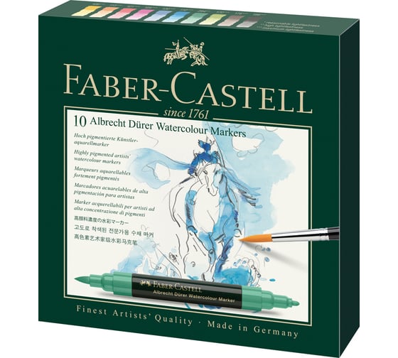 Набор акварельных пигментированных маркеров Faber-Castell albrecht dürer 10 цветов, двусторонние, кистевой/пулевидный наконечник 160310 1