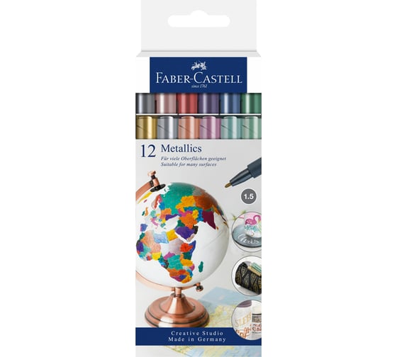 Набор маркеров для декорирования Faber-Castell metallics 12 цветов, металлик, пулевидный наконечник, 1,5 мм, европодвес 160713