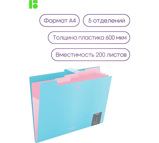 Папка Berlingo haze 5 отделений, а4, 600 мкм, на кнопке, голубая, софт-тач XF4_05921
