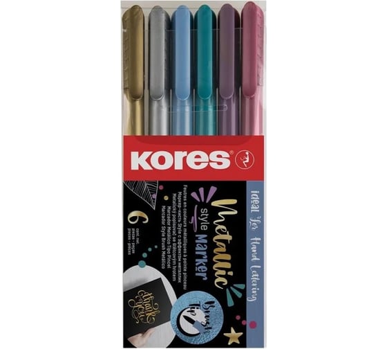 Маркер-кисть Kores metallicstyle 6 цветов, металлик, в прозрачной пластиковой коробке 1536770 1