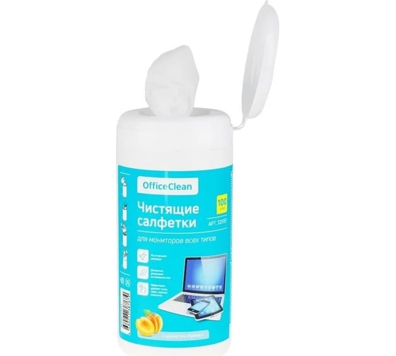 Чистящие влажные салфетки для мониторов всех типов OfficeClean в тубе, с ароматом абрикоса, 100 шт 325157
