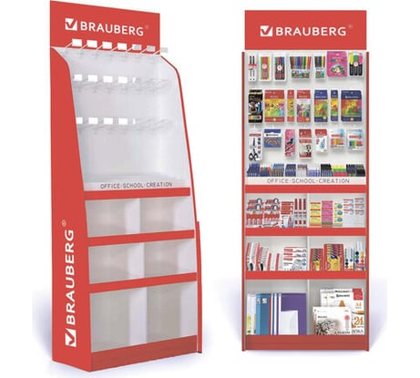 Напольная усиленная стойка для размещения товара BRAUBERG 210х78х40 см, 4 полки, 30 ячеек, 21 крючок 504341