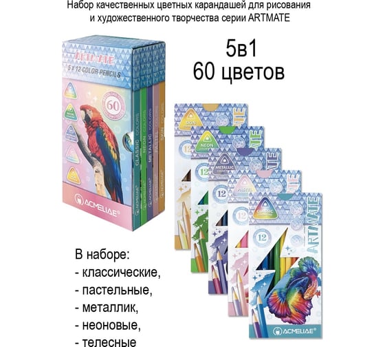 Набор цветных карандашей artmate "5 в 1" 60цв ACMELIAE 43582