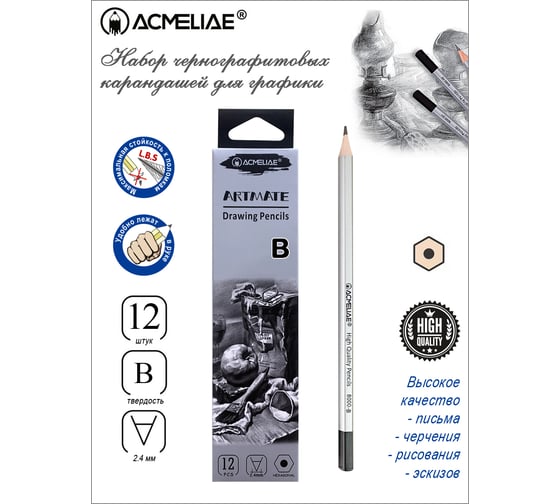 Чернографитный карандаш ACMELIAE B шестигранный, корпус серебряный, 12 шт. 8000-B EAN