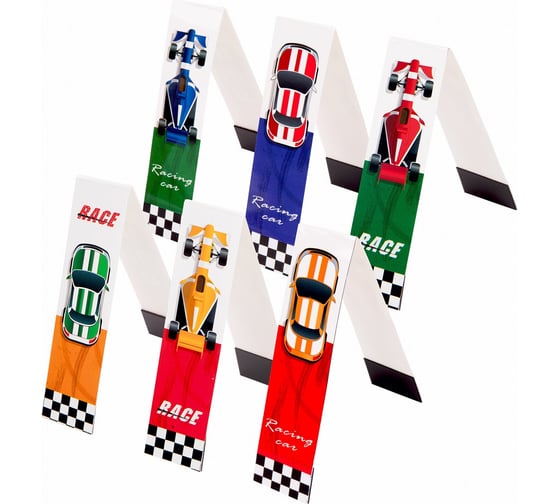 Закладки для книг ЮНЛАНДИЯ Race Cars с магнитом, набор 6 шт, блестки, 25x196 мм 113446