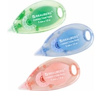 Корректирующая лента BRAUBERG Pastel, 5 мм x 12 м, механизм перемотки, выгодная упаковка 3 шт в блистере 271252