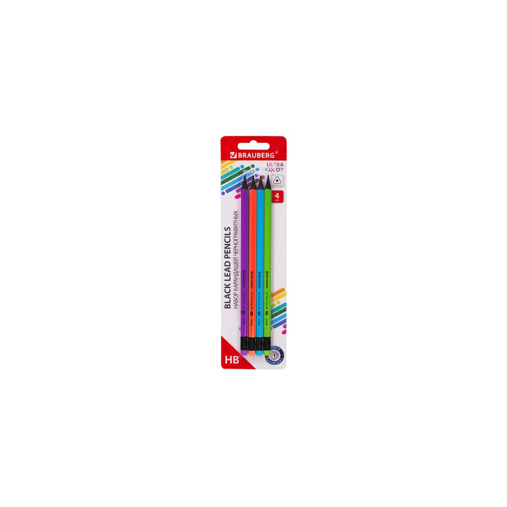 Набор чернографитных карандашей BRAUBERG Ultra Color 4 шт, Hb, с ...