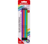 Набор чернографитных карандашей BRAUBERG Ultra Color 4 шт, Hb, с ластиком, пластиковые 181709