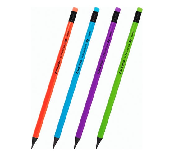 Набор чернографитных карандашей BRAUBERG Ultra Color 4 шт, Hb, с ластиком, пластиковые 181709
