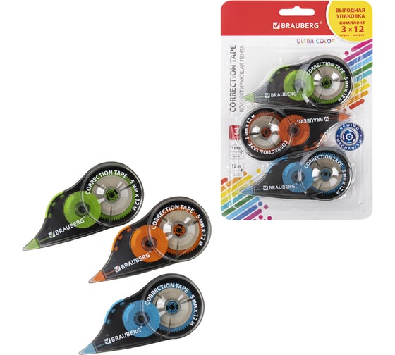 Корректирующая лента BRAUBERG Ultra Color, 5 мм x 12 м, механизм перемотки, 3 шт в блистере 271253