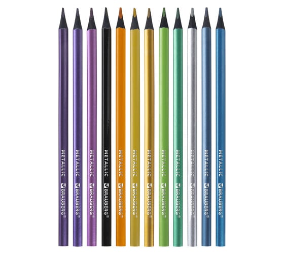 Цветные карандаши BRAUBERG Metallic, 12 цветов металлик, черное дерево, трехгранные 181853