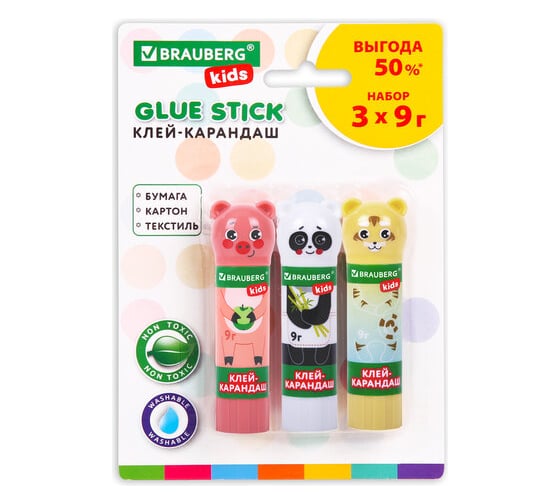 Клей-карандаш BRAUBERG Kids Зверята: хрюшка, тигр, панда, 9 г, фигурный колпачок, 3 шт, блистер 271141