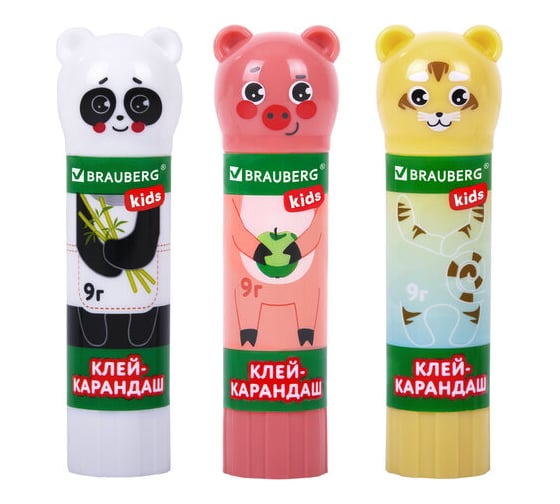 Клей-карандаш BRAUBERG Kids Зверята: хрюшка, тигр, панда, 9 г, фигурный колпачок, 3 шт, блистер 271141