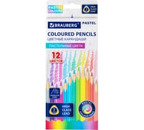 Цветные карандаши BRAUBERG Pastel, 12 пастельных цветов, трехгранные, грифель 3 мм 181850
