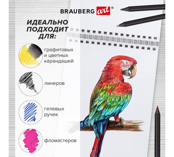 Скетчбук BRAUBERG белая бумага 100 г/м2, 140x201 мм, 60 листов, гребень, жёсткая подложка, Art, Котик 115062