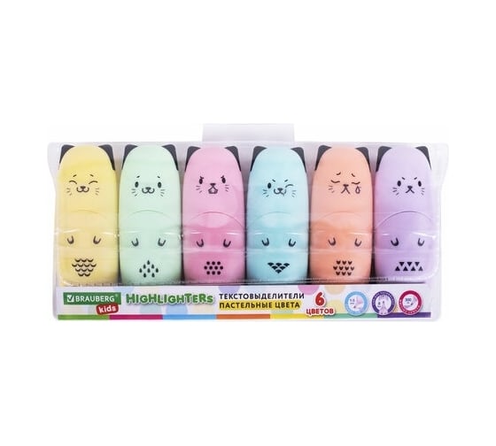 Набор текстовыделителей BRAUBERG Kids Cute Cats Pastel мини 6 цветов, линия 1-5 мм 152436