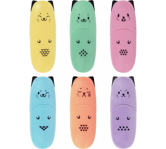 Набор текстовыделителей BRAUBERG Kids Cute Cats Pastel мини 6 цветов, линия 1-5 мм 152436