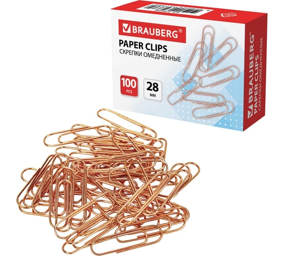 Скрепки BRAUBERG 28 мм, омедненные, 100 шт, в картонной коробке 270448
