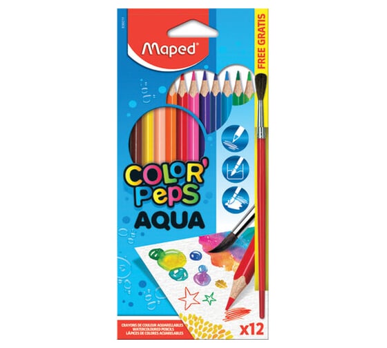 Акварельные цветные карандаши MAPED Color'Peps, 12 цветов + кисть, 2,9 мм, европодвес 836011 180888 1