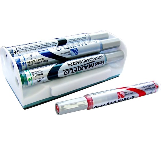 Набор маркеров Pentel Maxiflo для белых досок, 4 цвета, магнитная губка, 4 мм, пулевидный, черный, красный, синий, зелёный 610132 1