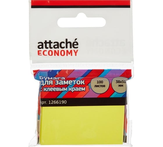Стикеры Attache Economy 38x51 мм неоновый желтый, 1 блок, 100 листов 1266190