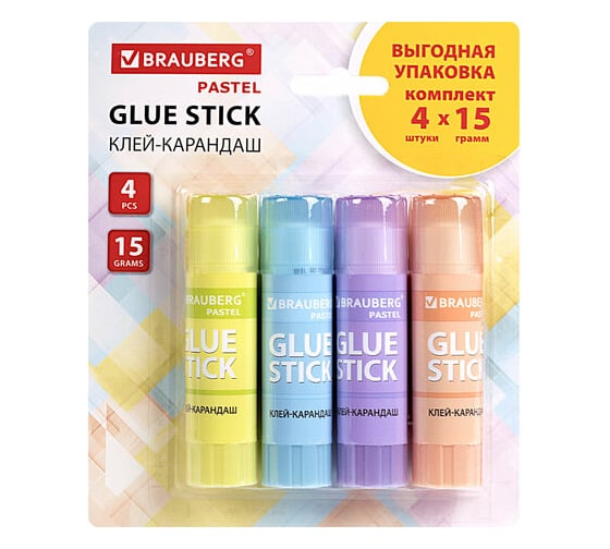 Клей-карандаш BRAUBERG Pastel 15 г, выгодная упаковка, 4 штуки на блистере, PVP-основа 271250
