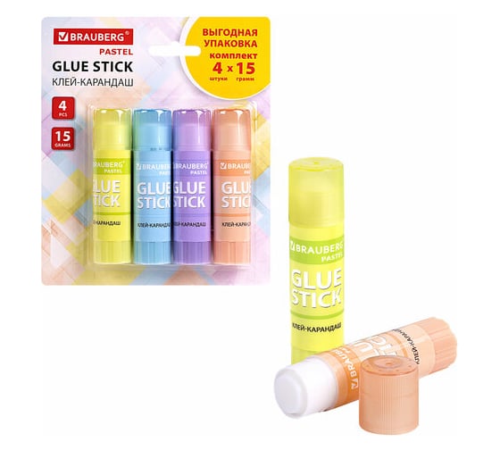 Клей-карандаш BRAUBERG Pastel 15 г, выгодная упаковка, 4 штуки на блистере, PVP-основа 271250