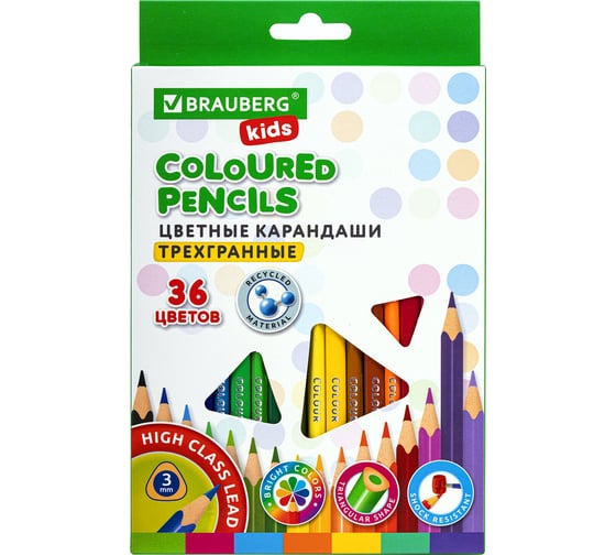 Цветные карандаши BRAUBERG kids 36 цветов, трехгранный корпус, мягкий грифель 3 мм 181945
