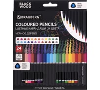 Цветные карандаши BRAUBERG чёрное дерево black wood, 24 цвета, трехгранный корпус, мягкий грифель 3 мм 181949