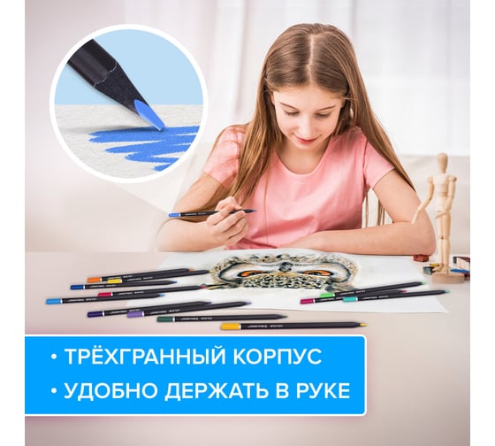 Цветные карандаши BRAUBERG чёрное дерево black wood, 24 цвета, трехгранный корпус, мягкий грифель 3 мм 181949
