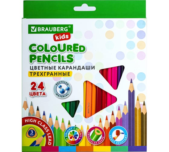 Цветные карандаши BRAUBERG kids 24 цвета, трехгранный корпус, мягкий грифель 3 мм 181944