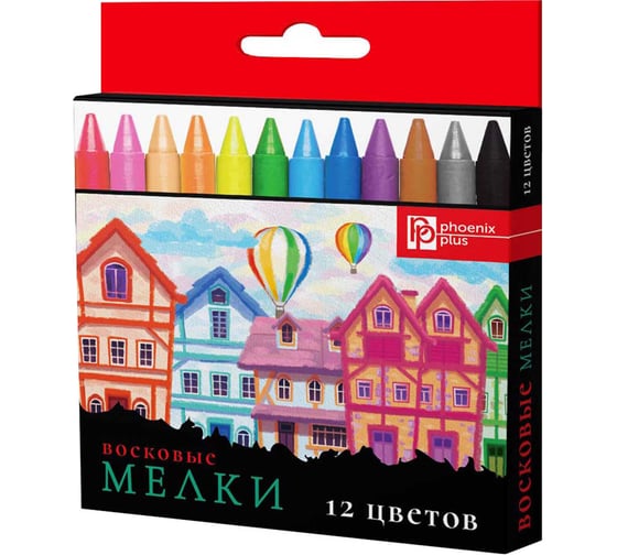 Восковые мелки Феникс + Домики 12 цветов, 88x8 мм, круглый корпус, картонная коробка с европодвесом 59087